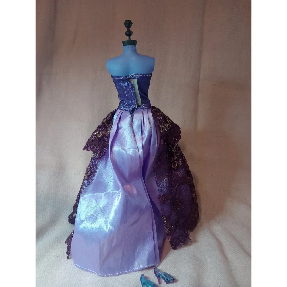 Barbie Doll Clothes Lot 2 Formal Gowns Purple Lace Aqua Glitter Dress Shoes